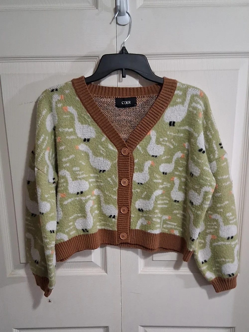 Cider Light Green Swan-Print V-Neck Cropped Cardigan with Brown Ribbed Trim - S